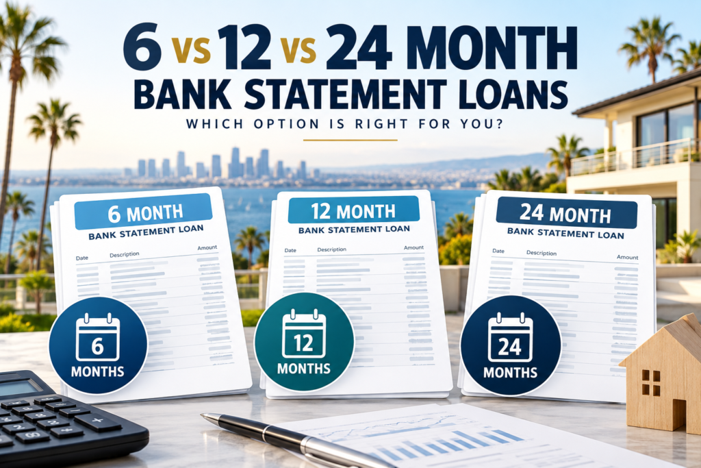 Self-employed borrower reviewing 6-, 12-, and 24-month bank statement loan options.