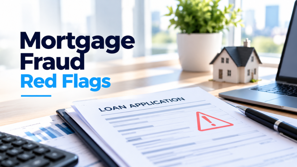 Mortgage professional reviewing loan application documents for potential mortgage fraud red flags.